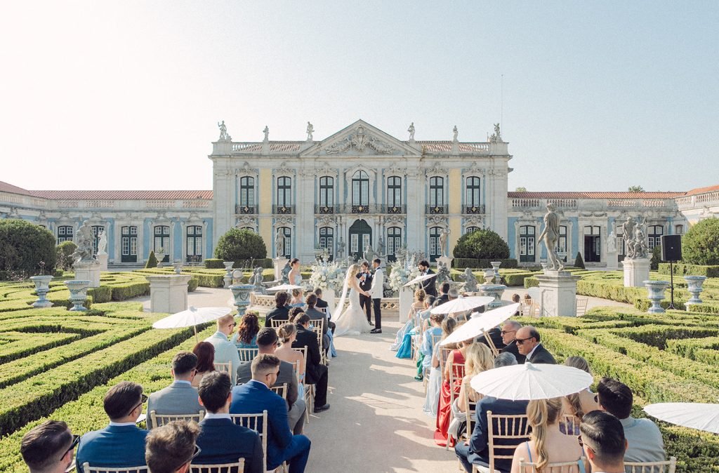 Bride and groom exchanging vows at Lisbon palace wedding