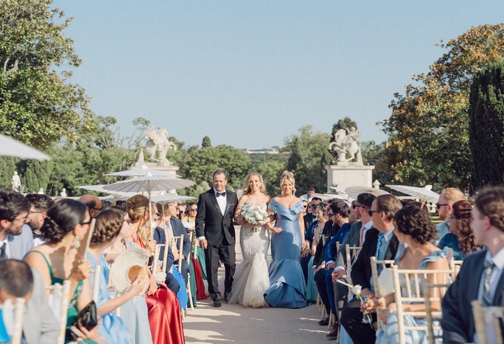 Bride walking down the aisle at Queluz Palace wedding