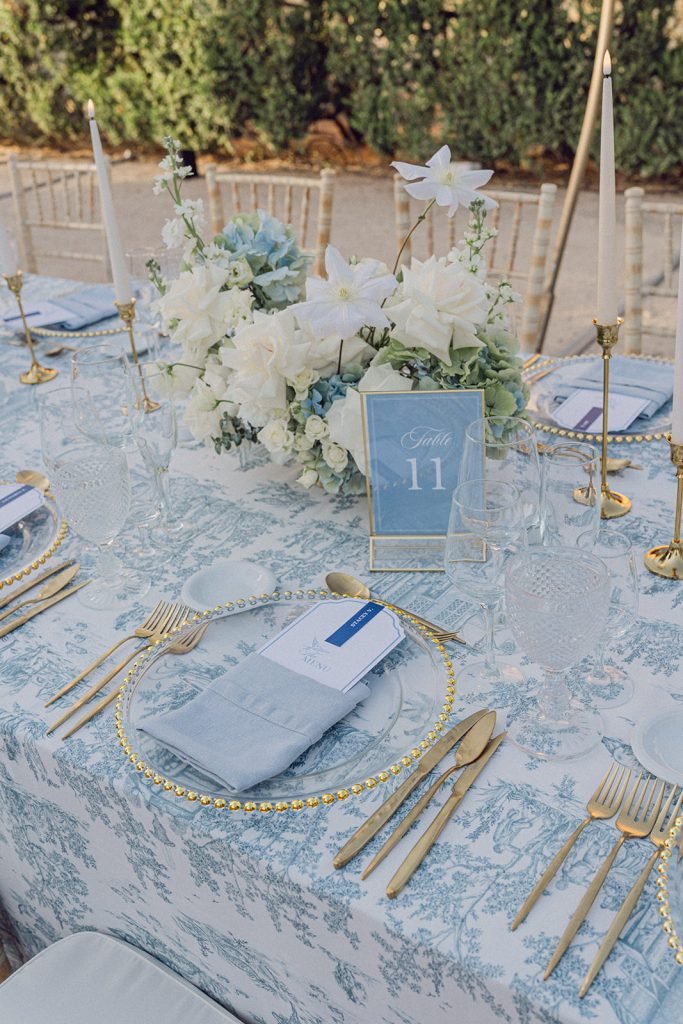 Wedding table details with florals and candles
