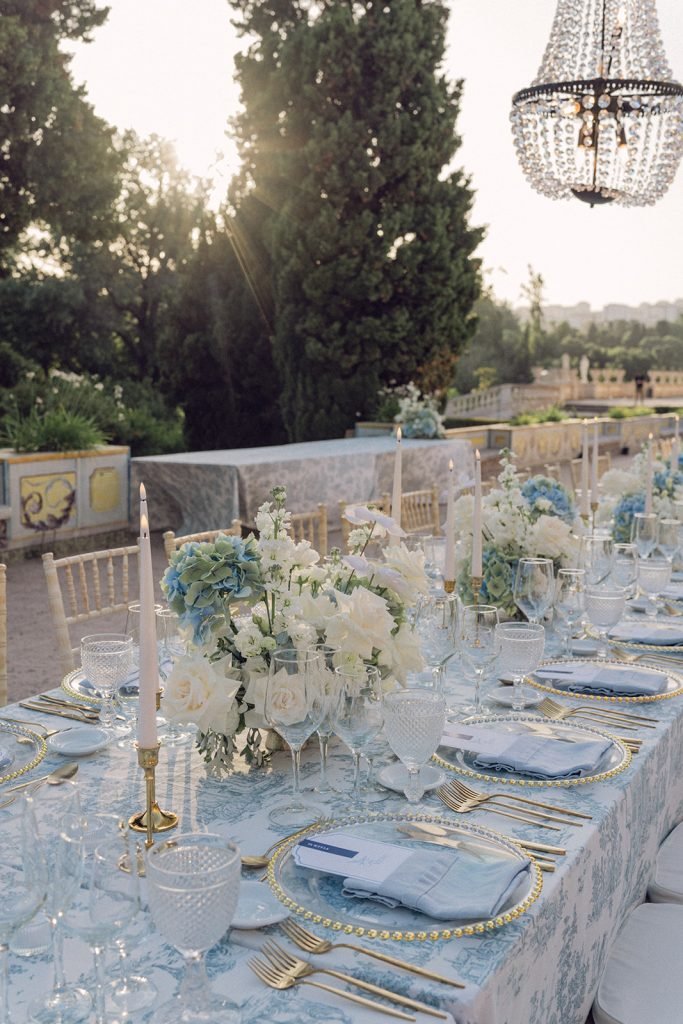 Elegant reception table styling at Lisbon palace wedding