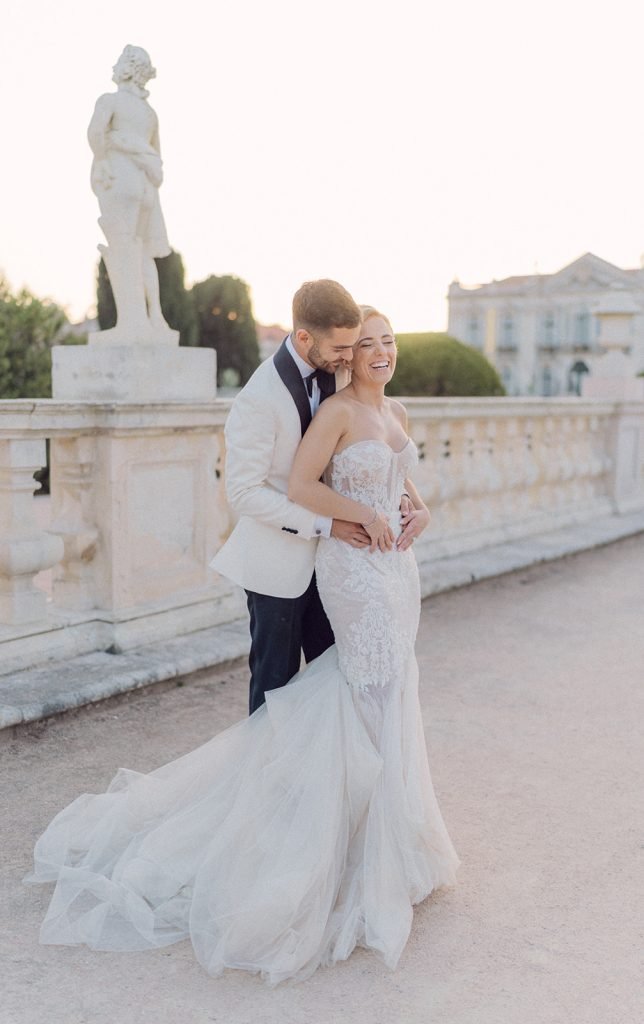 Bride and groom portraits at Queluz Palace gardens in Portugal
