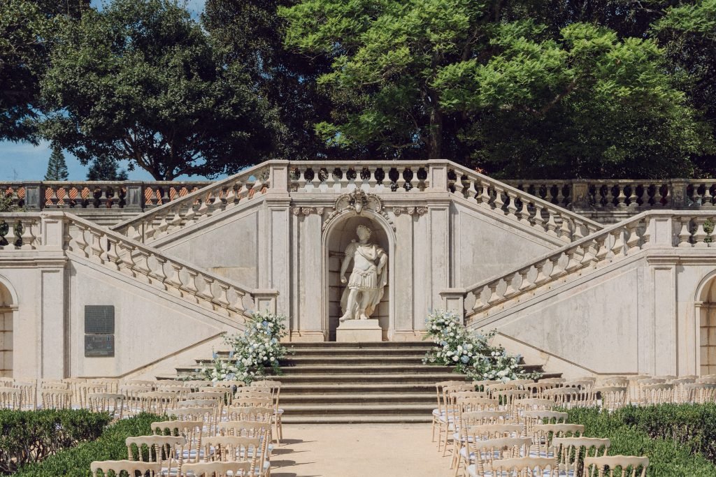 Vandelli Botanical Garden ceremony staircase with floral arrangements