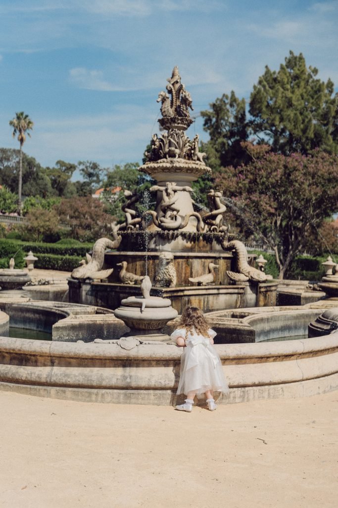 Fountain and gardens at Vandelli Botanical Garden in Lisbon